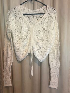 Jessica Simpson Crochet Drawstring cropped Lightweight Boho Sweater